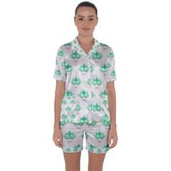 Plant Pattern Green Leaf Flora Satin Short Sleeve Pajamas Set