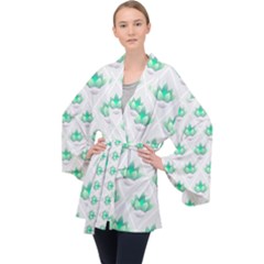 Plant Pattern Green Leaf Flora Long Sleeve Velvet Kimono 