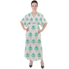 Plant Pattern Green Leaf Flora V-Neck Boho Style Maxi Dress