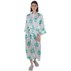 Plant Pattern Green Leaf Flora Maxi Satin Kimono