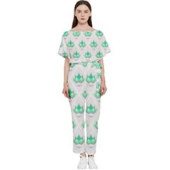 Plant Pattern Green Leaf Flora Batwing Lightweight Chiffon Jumpsuit