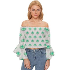 Plant Pattern Green Leaf Flora Off Shoulder Flutter Bell Sleeve Top