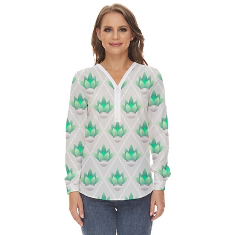 Plant Pattern Green Leaf Flora Zip Up Long Sleeve Blouse by Sarkoni