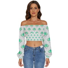 Plant Pattern Green Leaf Flora Long Sleeve Crinkled Weave Crop Top