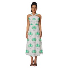 Plant Pattern Green Leaf Flora Sleeveless Cross Front Cocktail Midi Chiffon Dress