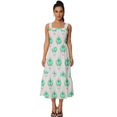 Plant Pattern Green Leaf Flora Square Neckline Tiered Midi Dress