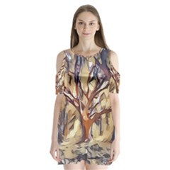 Tree Forest Woods Nature Landscape Shoulder Cutout Velvet One Piece