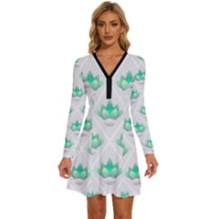 Plant Pattern Green Leaf Flora Long Sleeve Deep V Mini Dress 