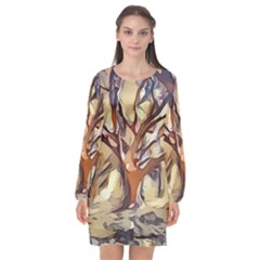 Tree Forest Woods Nature Landscape Long Sleeve Chiffon Shift Dress 