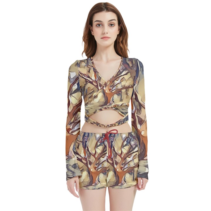 Tree Forest Woods Nature Landscape Velvet Wrap Crop Top and Shorts Set