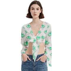 Plant Pattern Green Leaf Flora Trumpet Sleeve Cropped Top