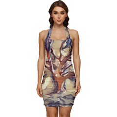 Tree Forest Woods Nature Landscape Sleeveless Wide Square Neckline Ruched Bodycon Dress