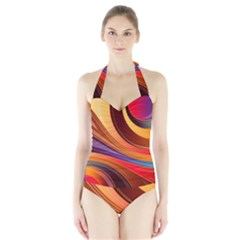 Abstract Colorful Background Wavy Halter Swimsuit