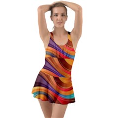 Abstract Colorful Background Wavy Ruffle Top Dress Swimsuit