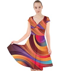 Abstract Colorful Background Wavy Cap Sleeve Front Wrap Midi Dress