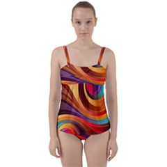 Abstract Colorful Background Wavy Twist Front Tankini Set