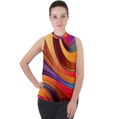 Abstract Colorful Background Wavy Mock Neck Chiffon Sleeveless Top