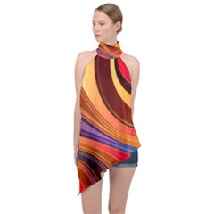 Abstract Colorful Background Wavy Halter Asymmetric Satin Top