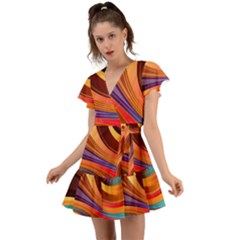 Abstract Colorful Background Wavy Flutter Sleeve Wrap Dress