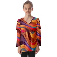 Abstract Colorful Background Wavy Kids  V Neck Casual Top