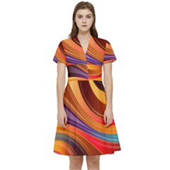 Abstract Colorful Background Wavy Short Sleeve Waist Detail Dress