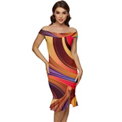Abstract Colorful Background Wavy Off Shoulder Ruffle Split Hem Bodycon Dress