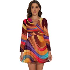 Abstract Colorful Background Wavy Long Sleeve V-Neck Chiffon Dress 