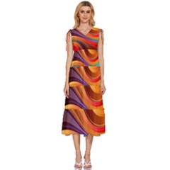 Abstract Colorful Background Wavy V-Neck Drawstring Shoulder Sleeveless Maxi Dress