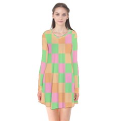 Checkerboard Pastel Squares Long Sleeve V-neck Flare Dress by Grandong