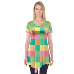 Checkerboard Pastel Square Short Sleeve Tunic  by Grandong