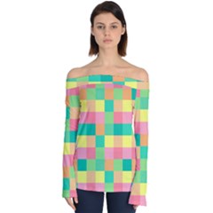 Checkerboard Pastel Square Off Shoulder Long Sleeve Top