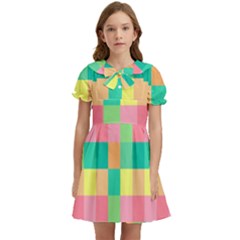 Checkerboard Pastel Square Kids  Bow Tie Puff Sleeve Dress by Grandong