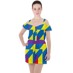 Colorful Red Yellow Blue Purple Ruffle Cut Out Chiffon Playsuit by Grandong