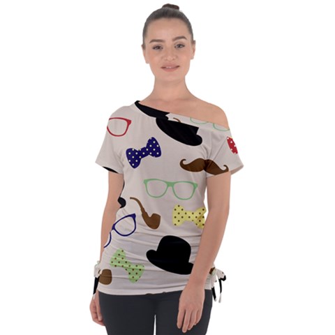 Moustache Hat Bowler Bowler Hat Off Shoulder Tie-up T-shirt by Apen