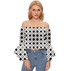 Square Diagonal Pattern Monochrome Off Shoulder Flutter Bell Sleeve Top by Apen