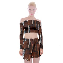 Abstract Architecture Building Business Off Shoulder Top with Mini Skirt Set