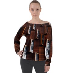 Abstract Architecture Building Business Off Shoulder Long Sleeve Velour Top