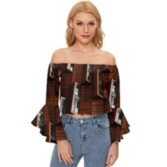 Abstract Architecture Building Business Off Shoulder Flutter Bell Sleeve Top