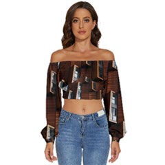 Abstract Architecture Building Business Long Sleeve Crinkled Weave Crop Top