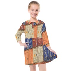 Blue White Orange And Brown Container Van Kids  Quarter Sleeve Shirt Dress by Amaryn4rt