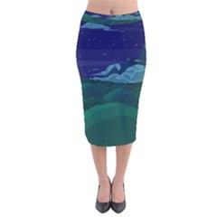 Adventure Time Cartoon Night Green Color Sky Nature Velvet Midi Pencil Skirt