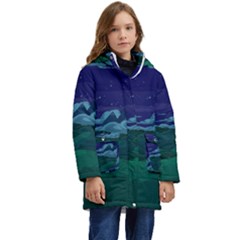 Adventure Time Cartoon Night Green Color Sky Nature Kids  Hooded Longline Puffer Jacket by Sarkoni