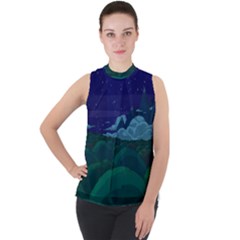 Adventure Time Cartoon Night Green Color Sky Nature Mock Neck Chiffon Sleeveless Top