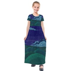 Adventure Time Cartoon Night Green Color Sky Nature Kids  Short Sleeve Maxi Dress