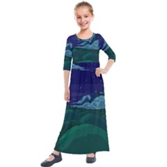 Adventure Time Cartoon Night Green Color Sky Nature Kids  Quarter Sleeve Maxi Dress