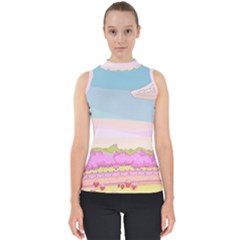 Pink And White Forest Illustration Adventure Time Cartoon Mock Neck Shell Top by Sarkoni