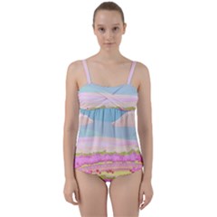 Pink And White Forest Illustration Adventure Time Cartoon Twist Front Tankini Set