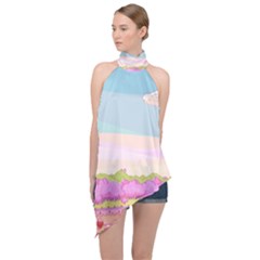Pink And White Forest Illustration Adventure Time Cartoon Halter Asymmetric Satin Top