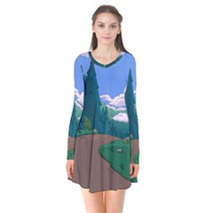 Adventure Time Cartoon Pathway Long Sleeve V-neck Flare Dress