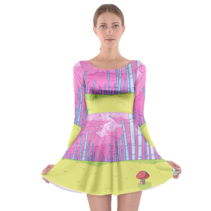 Red Mushroom Animation Adventure Time Cartoon Multi Colored Long Sleeve Skater Dress